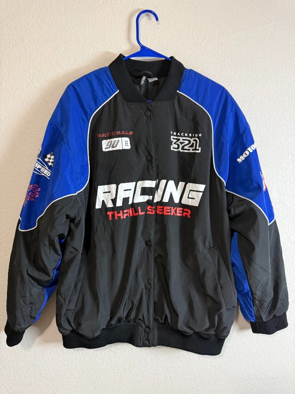 H&M Divided Black & Blue Racing Thrill Seeker Snap-Up Bomber Jacket Size M